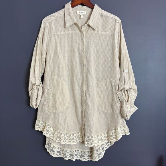 Umgee Cotton Blend Beige White Stripe Lace Trim Button Front Shirt XL - Picture 1 of 15